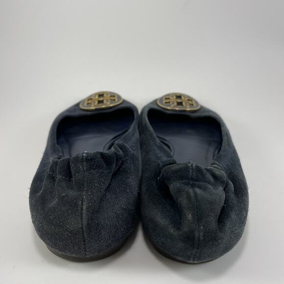Tory Burch Reva Ballet Flats Shoes Navy Suede Womens Size 7 Slip On Gold Logo - Picture 4 of 9